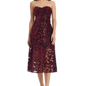Dress the Population Strapless Sadie Fit and Flare Burgundy Floral Lace Midi